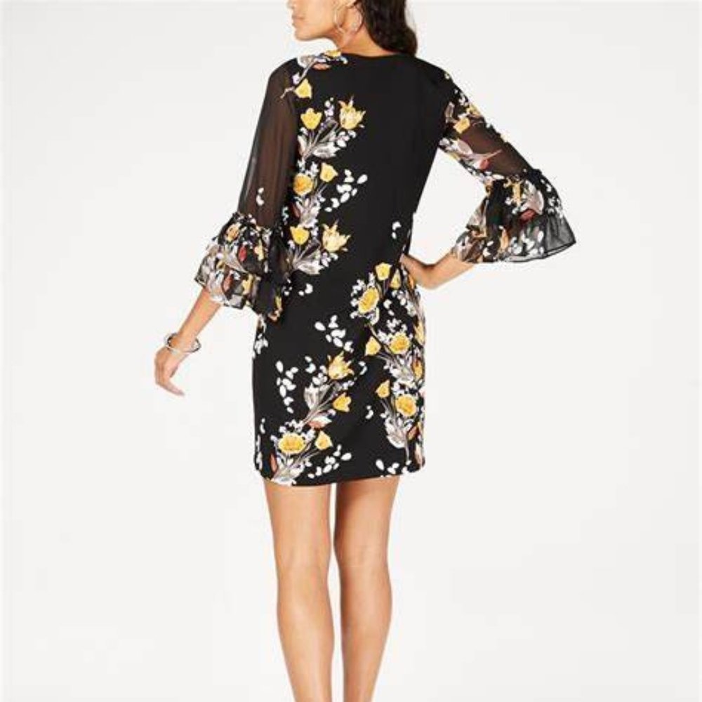 ALFANI Womens Black Tiered Mesh Sleeve Floral Print Jewel Neck Size 4